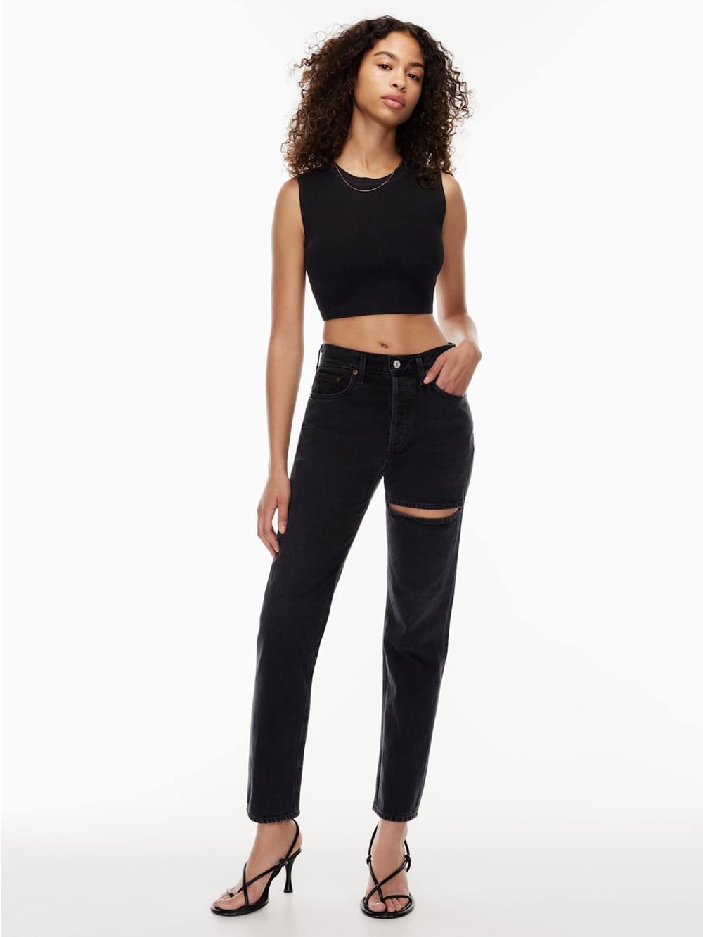 Agolde Black Straight-Leg High-Rise Jeans with Knee Distress